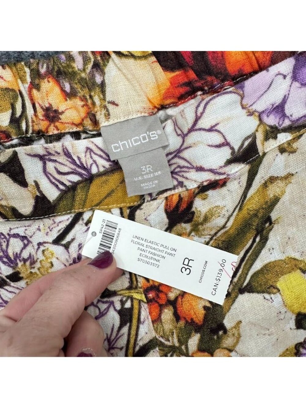 Chicos Pants 100% Linen Elastic Pull On Floral Straight Leg Womens 3 (16R) NEW - Picture 2 of 8
